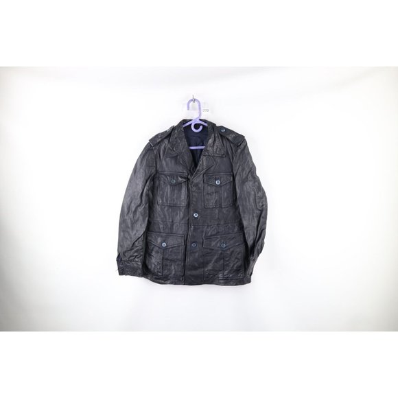 Vintage 70s Stanley Blacker 40 Distressed Leather Safari Jacket Navy Blue Italy